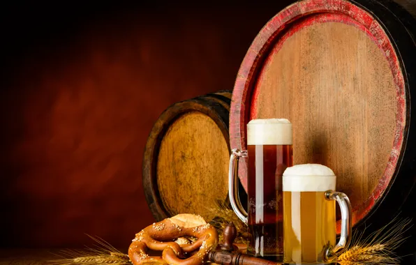 Foam, beer, glasses, ears, barrels, pretzel
