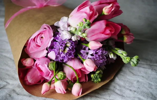 Picture bouquet, tulips, pink, buttercups