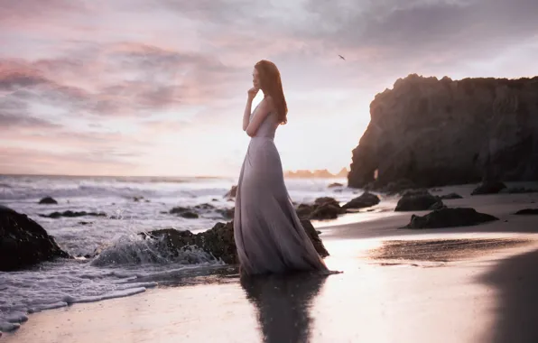 Sand, sea, wave, the sky, girl, clouds, landscape, reverie