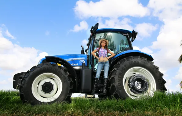 Girl, jeans, tractor, farmer