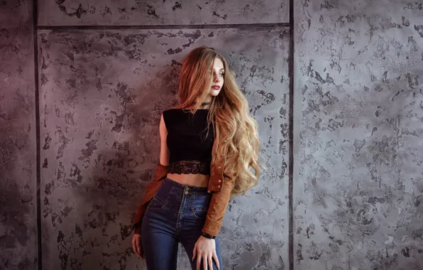 Girl, face, pose, wall, hair, jeans, Mike, jacket