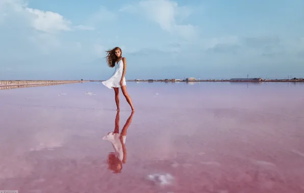 The sky, water, girl, pose, reflection, the wind, model, dress
