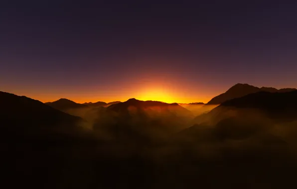 Light, sunset, mountains, nature