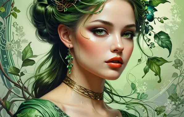 Leaves, girl, branches, bird, fairy, Princess, wreath, green background