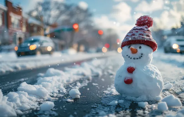 Winter, road, clouds, snow, machine, the city, lights, street