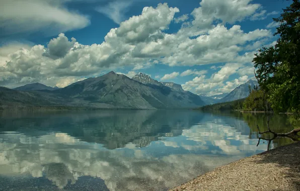 Clouds, mountains, lake, reflection, shore, Montana, Glacier National Park, Glacier