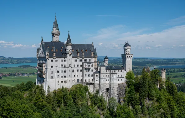 Forest, the sky, clouds, mountains, river, blue, castle, view
