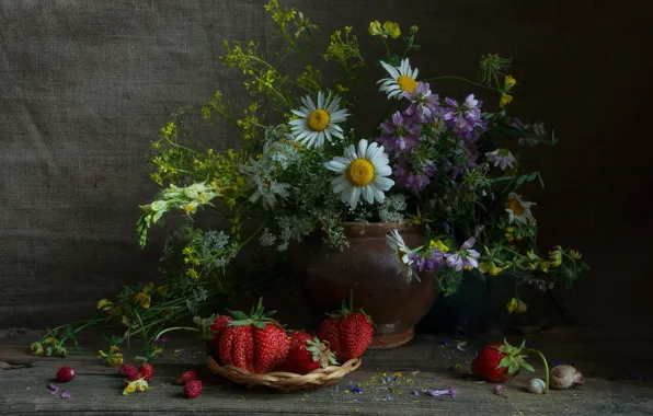 Flowers, berries, chamomile, bouquet, yellow, strawberry, pot, clover