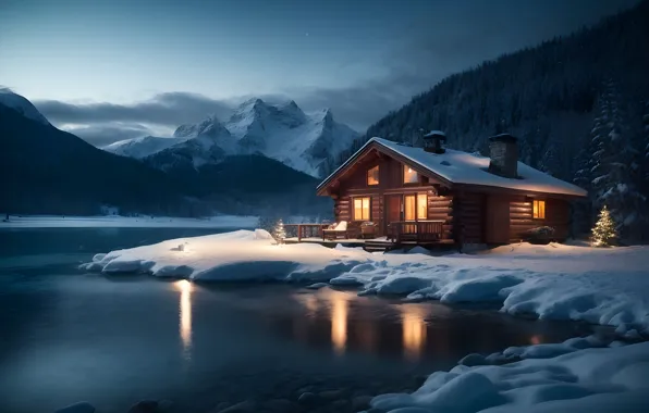 Winter, forest, light, snow, mountains, night, house, shore