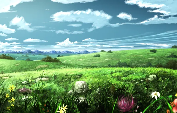 The sky, landscape, flowers, meadow, art, painting, soyokaze