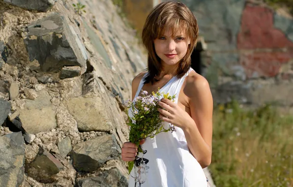 Picture look, girl, rock, bouquet, brown hair, t-shirt, Emily, wildflowers