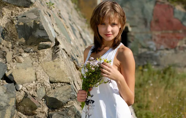 Look, girl, rock, bouquet, brown hair, t-shirt, Emily, wildflowers