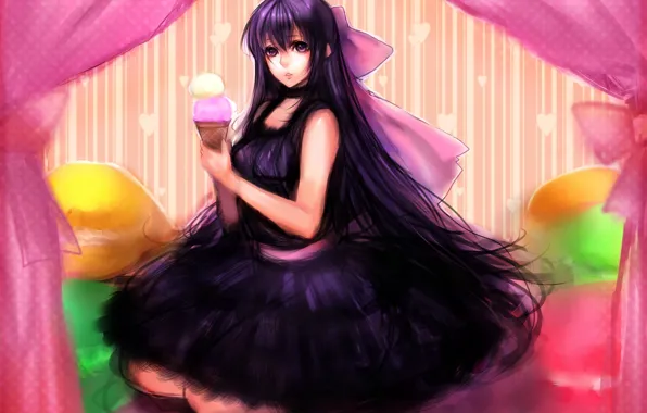 Girl, surprise, pillow, ice cream, bed, art, you sasaki