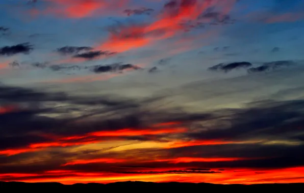Picture the sky, clouds, mountains, horizon, glow
