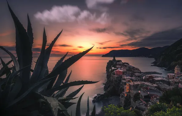 Sea, sunset, night, Italy, Vernazza, Cinque terre