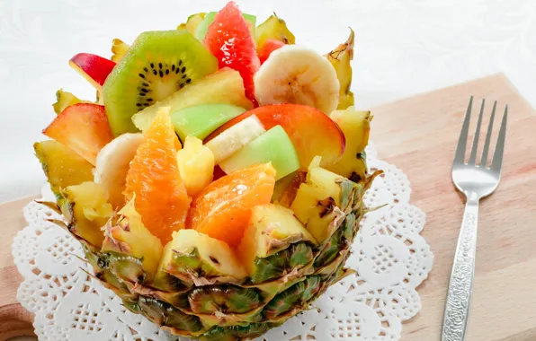 Picture apples, orange, kiwi, bananas, pineapple, dessert, fruit salad