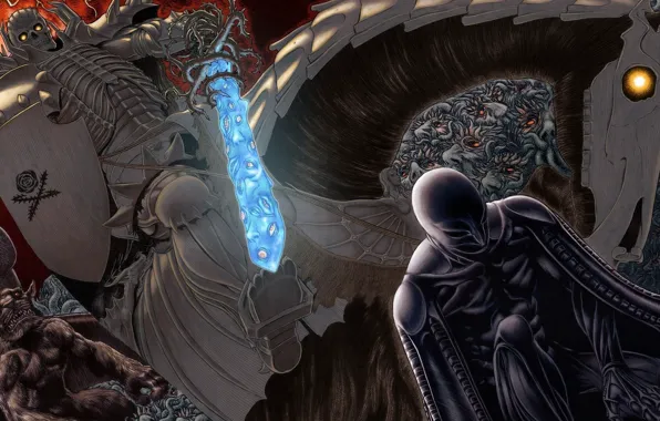 Sake, sword, anime, ken, blade, Berserk, horse, evil