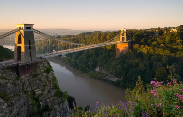 Flowers, bridge, river, England, panorama, England, Bristol, Bristol