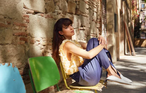 Picture girl, street, chairs, bangs