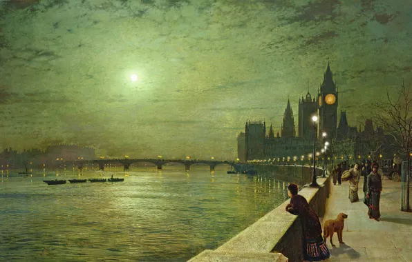 Night, bridge, river, people, the moon, London, tower, dog