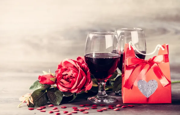 Gift, wine, glasses, red, love, romantic, hearts, valentine's day
