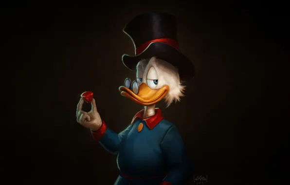 Picture fan art, artwork, dark background, Marcus Reyno, Scrooge McDuck, smiling, anthropomorphism, diamonds