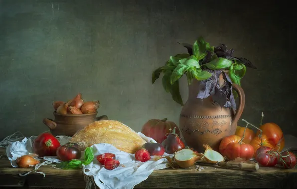 Greens, table, towel, bow, bread, knife, pitcher, still life