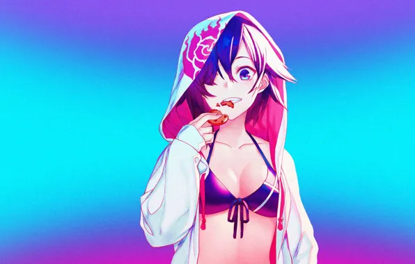 Girl, neon, anime, cookies, hood, girl, beauty, cutie