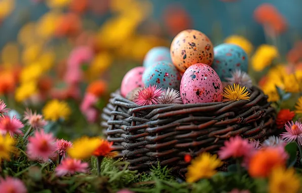 Flowers, eggs, spring, colorful, Easter, pink, flowers, spring