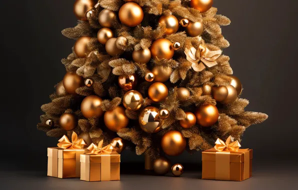 Decoration, balls, tree, New Year, Christmas, gifts, golden, new year
