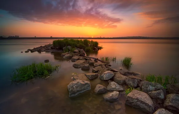 Grass, clouds, sunset, lake, stones, shore, dal, pond