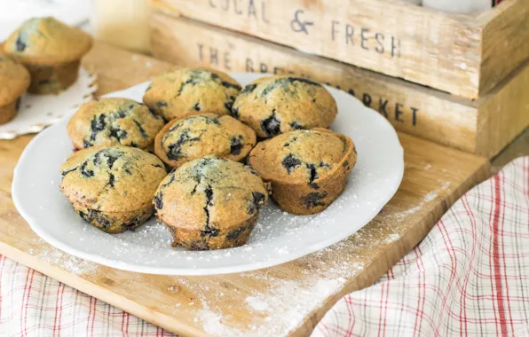 Berries, blueberries, dessert, cakes, cupcakes, powdered sugar