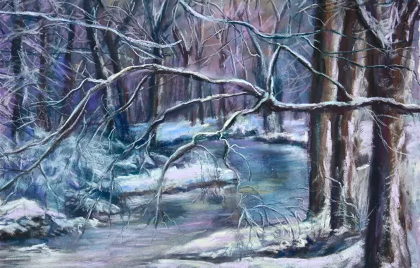 Picture winter, snow, trees, landscape, branches, frost, river, painting