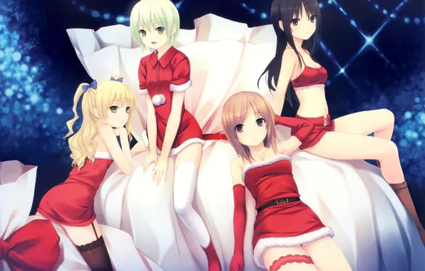 Look, girls, new year, stockings, anime, gifts, the snow maiden, dresses
