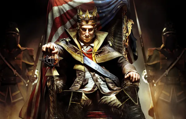Picture chair, flag, America, the throne, king, George Washington, Assassin’s Creed III, King