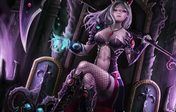 Erotic, look, pose, art, horns, skull, braid, demoness