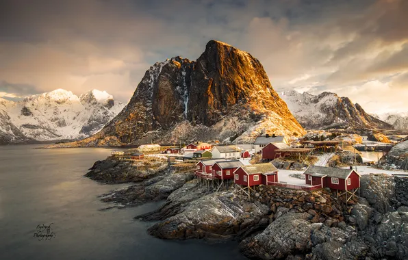 Picture light, mountains, morning, Norway, town, settlement, archipelago, The Lofoten Islands