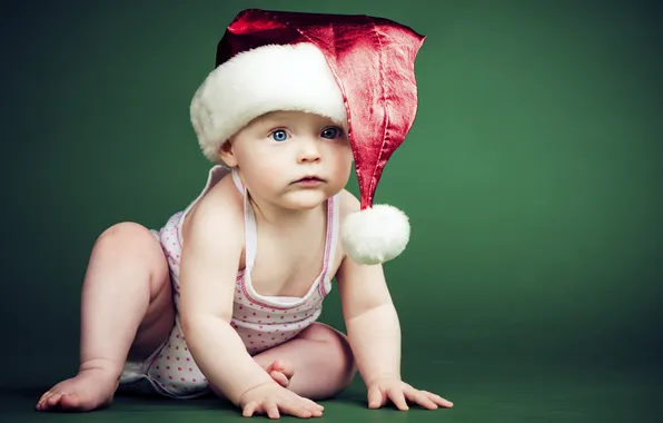 Picture holiday, hat, child, New Year, baby, green background, Christmas