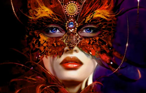 Picture decoration, Girl, mask, feathers blue eyes