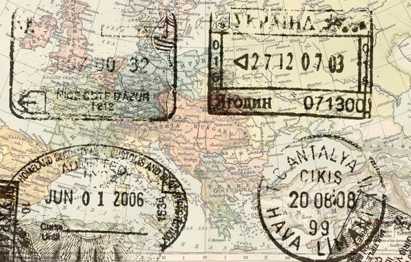 Picture map, stamps, europe passport