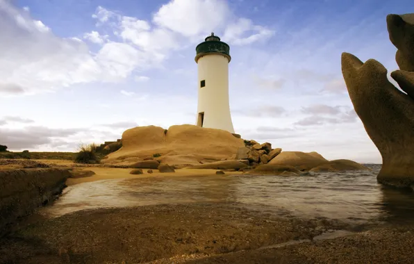 Sea, the sky, clouds, stones, coast, lighthouse, Italy, Sardinia