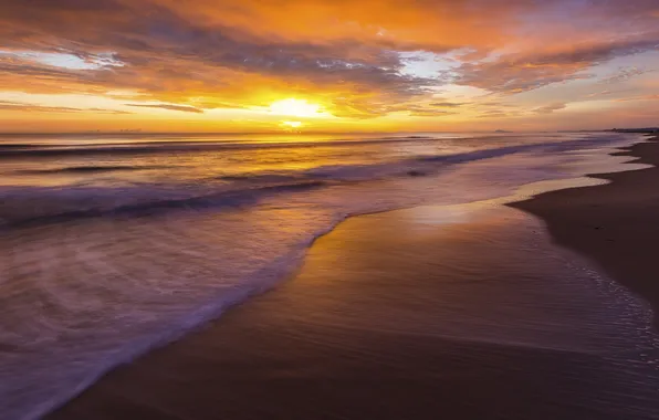 Sand, sea, wave, beach, clouds, sunset, dawn, shore