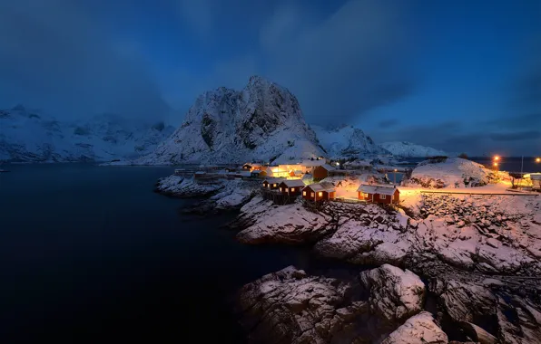 The sky, light, mountains, night, lights, darkness, blue, stones