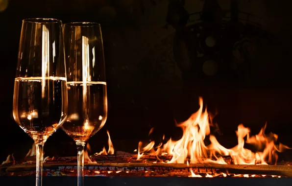 Decoration, night, fire, New Year, glasses, fire, fireplace, champagne