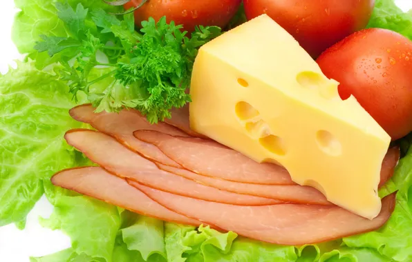 Picture cheese, tomatoes, parsley, lettuce, salmon