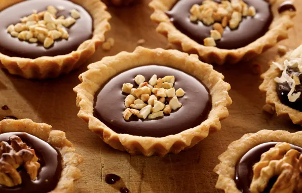 Chocolate, nuts, cakes, tartlets