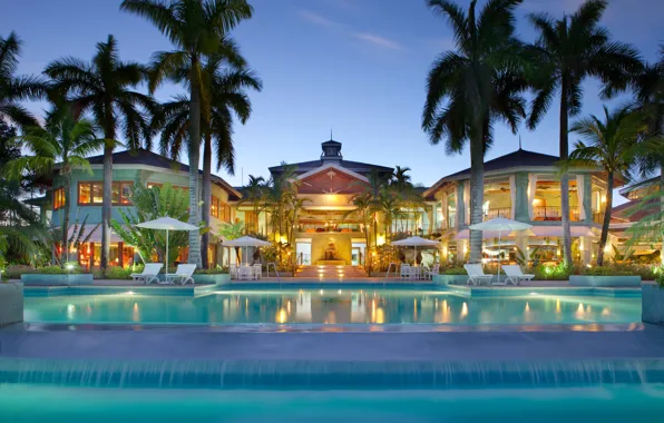 Picture palm trees, Villa, the evening, pool, lighting, architecture, resort