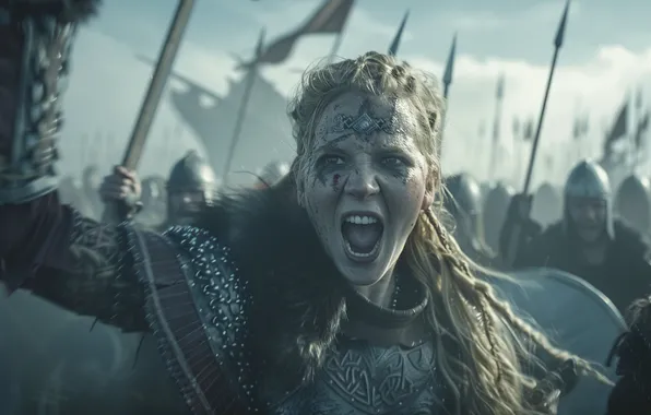 Girls, Look, Creek, Front, Digital art, The Vikings, Spears, AI art