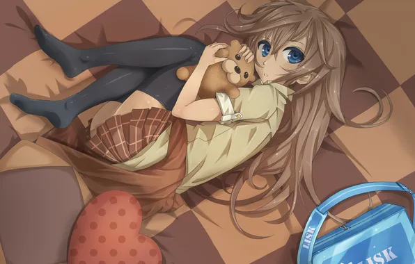 Girl, pose, toy, bed, lies, backpack, art, Yato