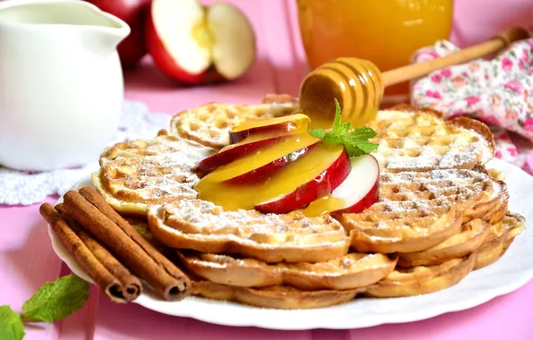 Apples, honey, cinnamon, dessert, waffles